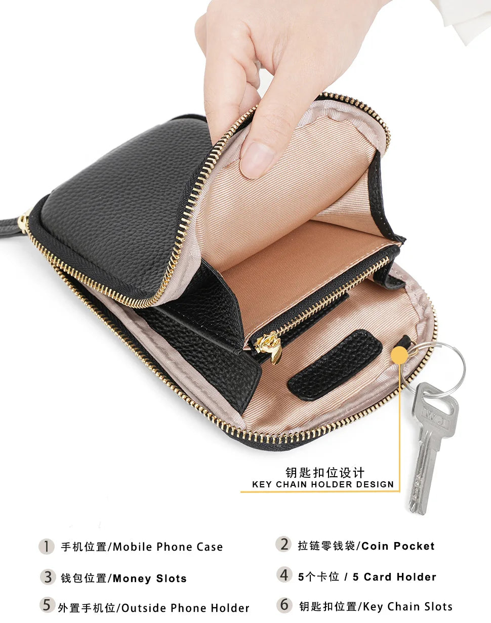 Women Genuine Leather Crossbody Bag All-match Mini Small Phone Coin Purse Shoulder Bag Multifunctional with Keychain Square Bags