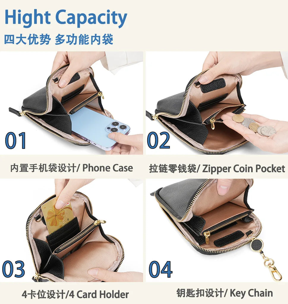 Women Genuine Leather Crossbody Bag All-match Mini Small Phone Coin Purse Shoulder Bag Multifunctional with Keychain Square Bags