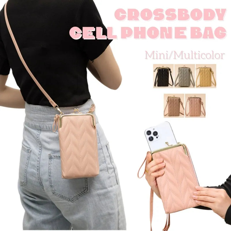 New PU Leather Shoulder Cell Phone Bag Ladies Fashion Multifunctional Crossbody Bag Zipper Style Solid Color Simple Mini Purse