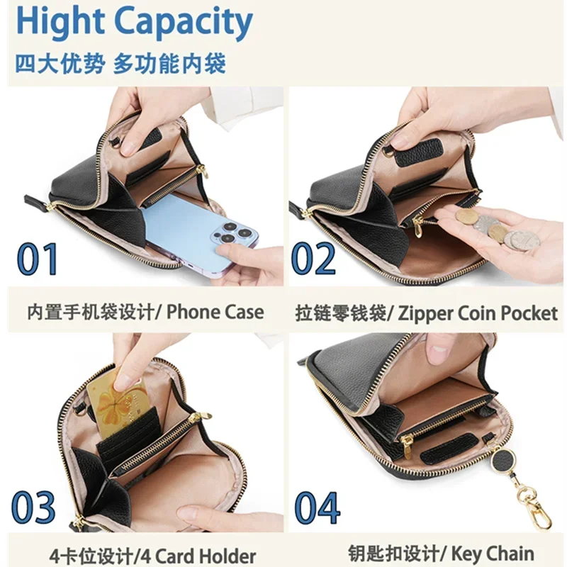 Women Genuine Leather Crossbody Bag All-match Mini Small Phone Coin Purse Shoulder Bag Multifunctional with Keychain Square Bags